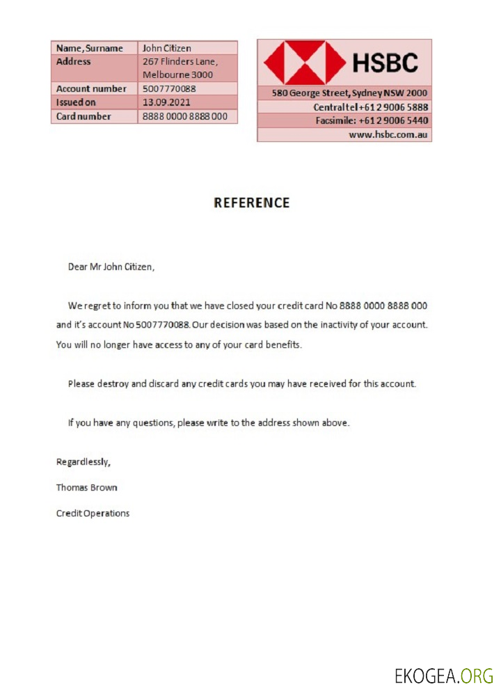 Référence Australia , HSBC , closure